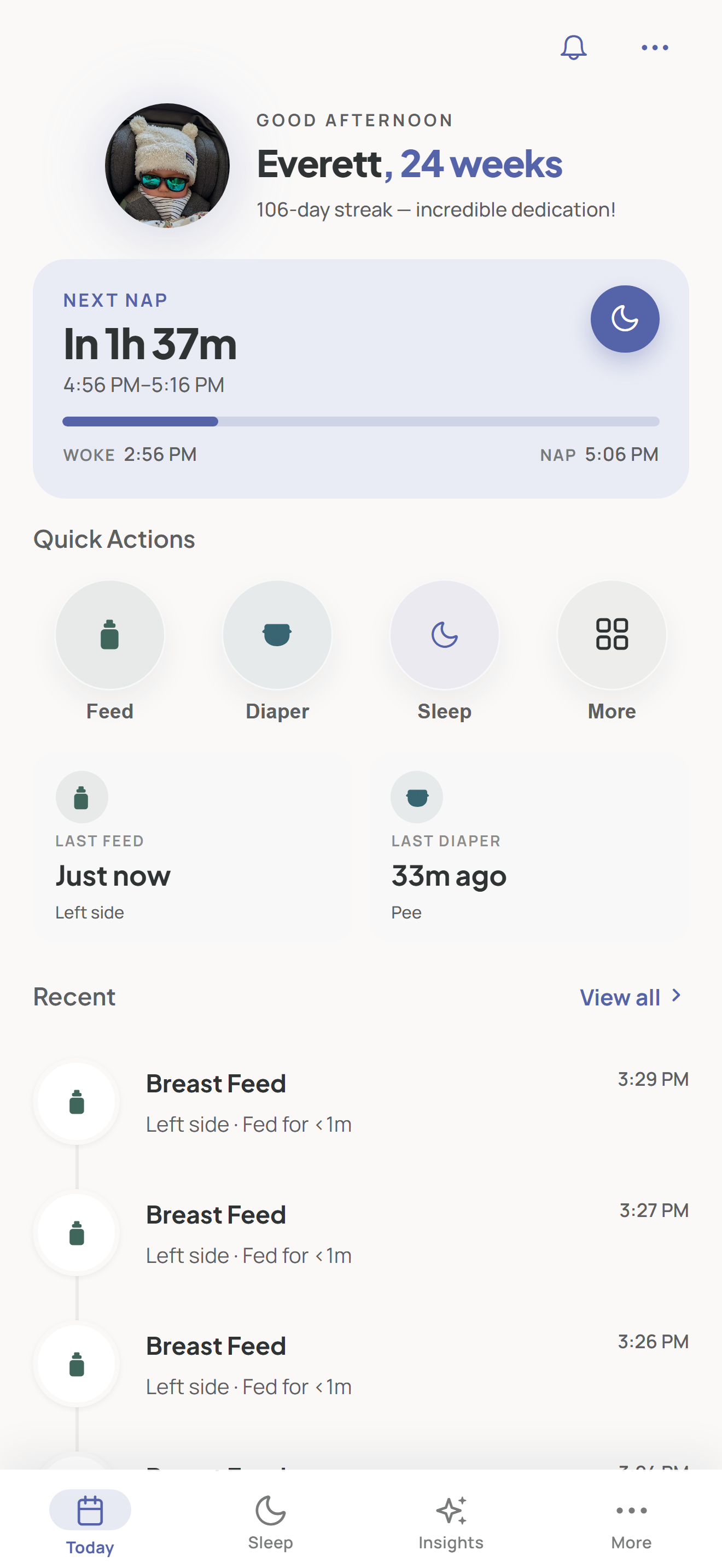 LunaLog dashboard showing the baby's full day