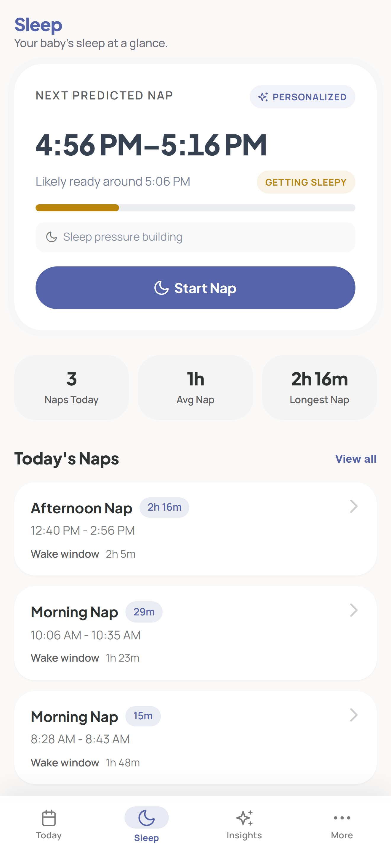 LunaLog nap tracking and prediction view