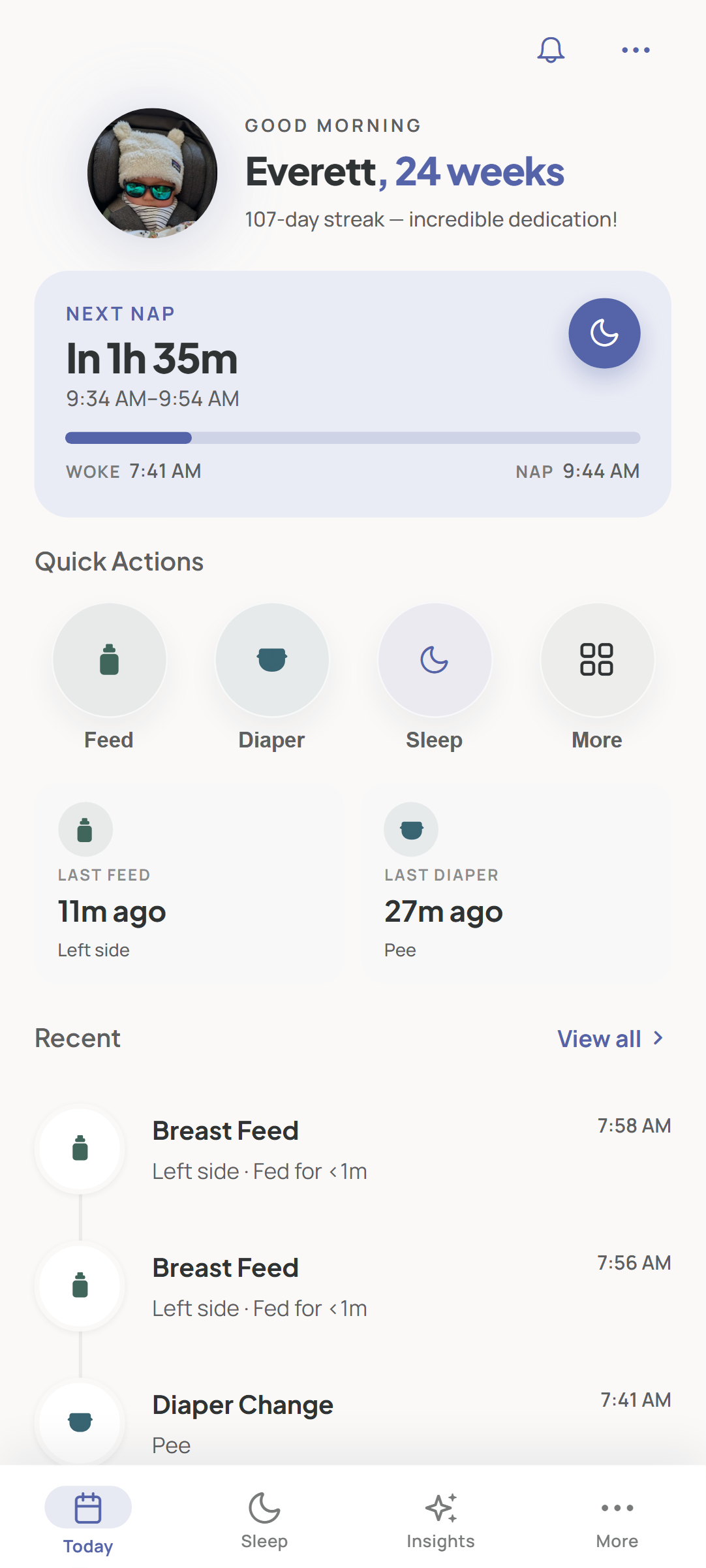 LunaLog dashboard showing a newly logged update on the shared baby timeline