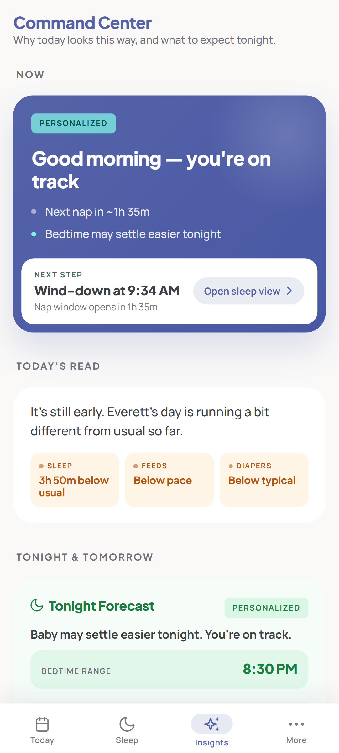 LunaLog Insights Command Center showing today's snapshot, tonight's forecast, and tomorrow's preview