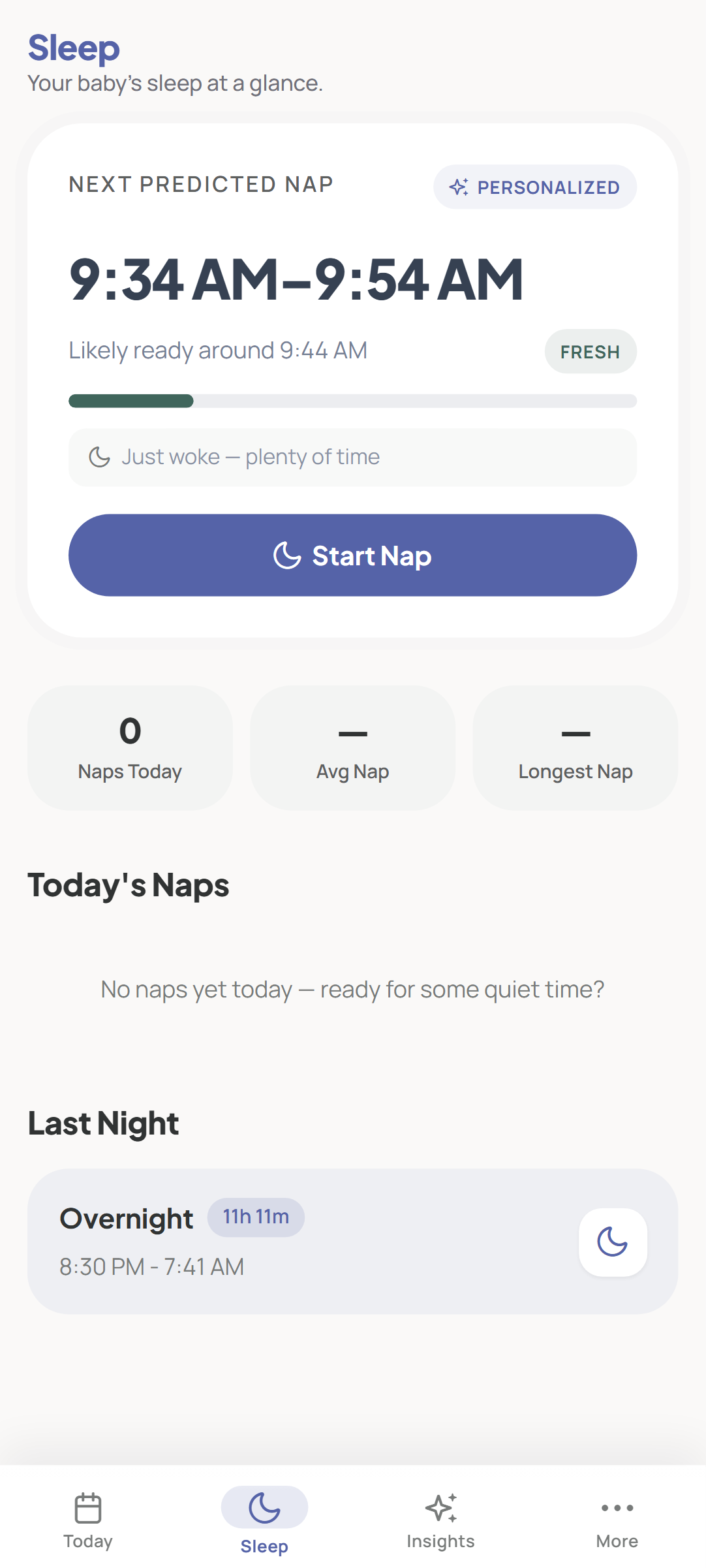LunaLog nap view with recent rhythm and next nap timing