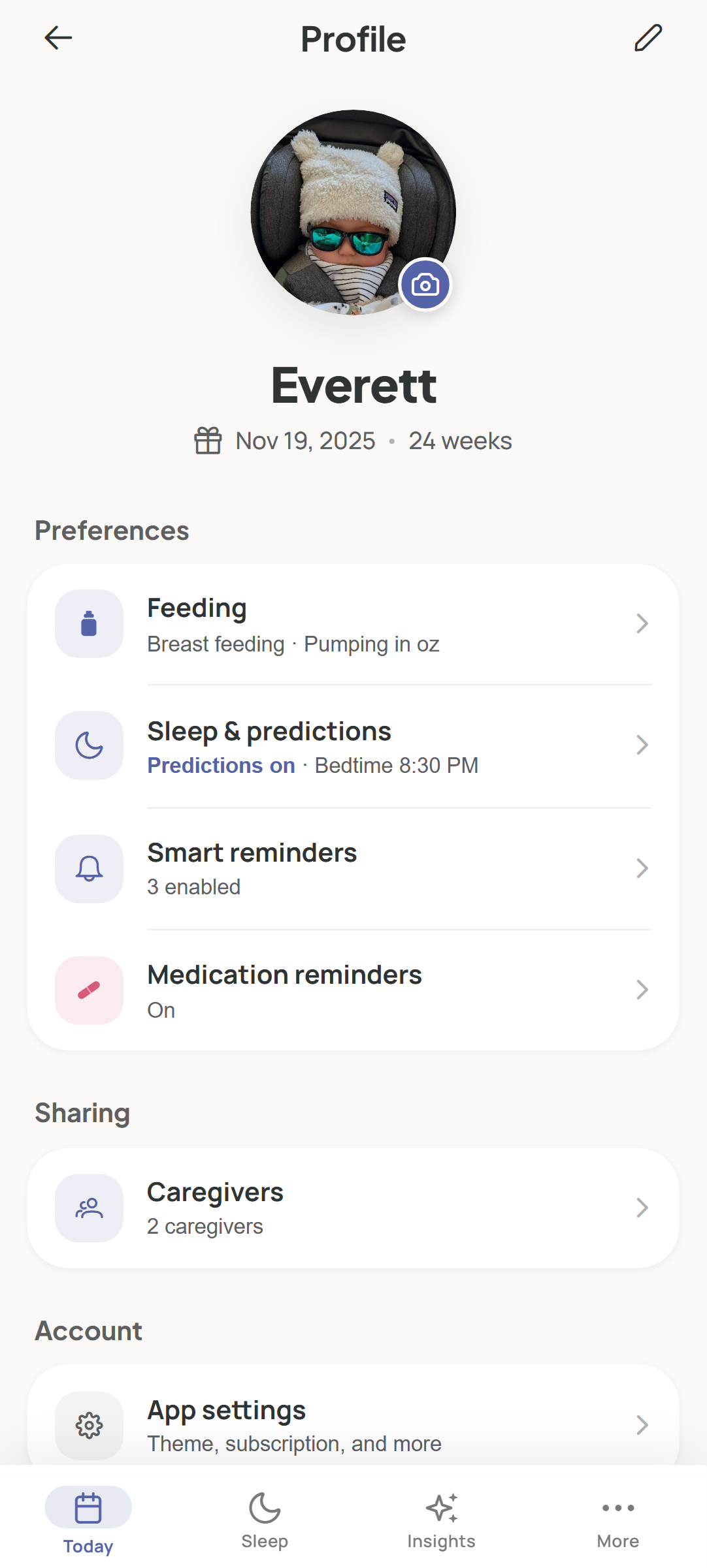 LunaLog caregiver sharing screen in light mode